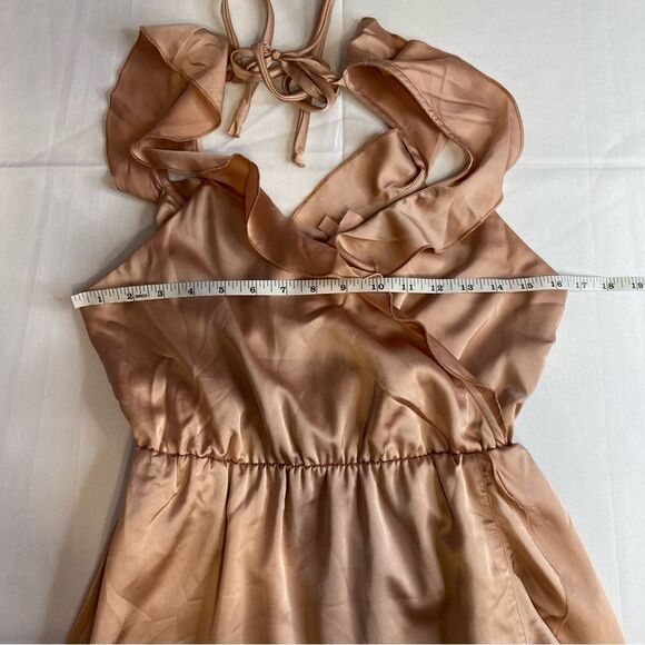 Show Me Your Mumu Rose Gold Samantha Ruffle Wrap Dress Size Medium MISSING SASH - Picture 14 of 16